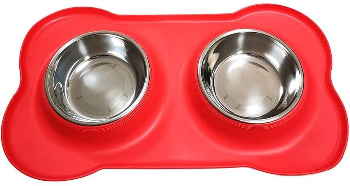 Dubbele RVS Voerbak Hond - Dinerset Drinkbak met Siliconen Placemat - Voederbak Kat - Voer en Drink Bak - Rood