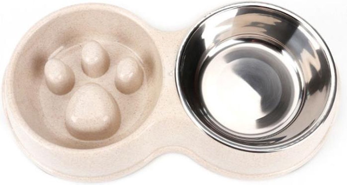 DMV Dubbele Voerbak - Hondenbak - Voederbak - Anti Schrok Bak - Kattenbak - Hond - Poes - Puppy's - Hondenbrokken - Kattenbrokken - Drinkbak - RVS - Dog Bowl - Dieren - Beige