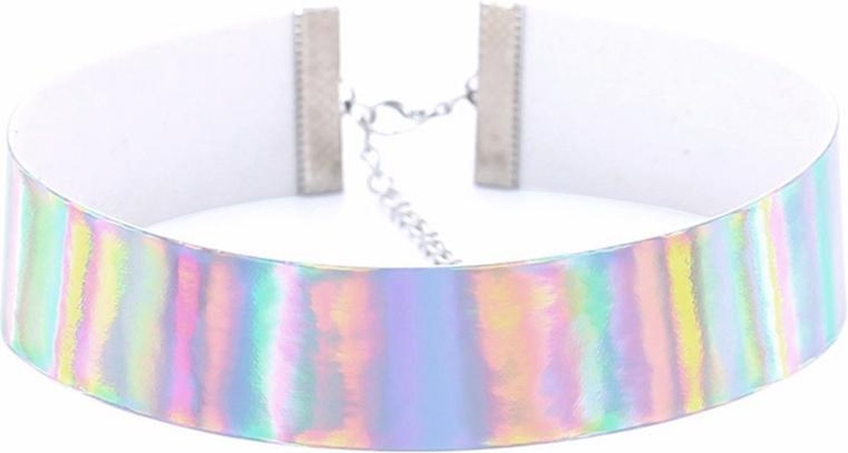 KIMU iridescent choker zilver - holografische ketting halsband collar