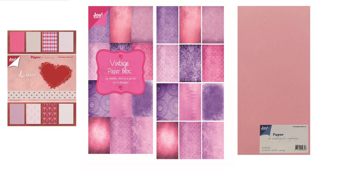 Joy!Crafts / Papierset Liefde / Papierset Roze / Papierblok Love / Papierblok Vintage / 3 Artikelen in 1 set / 76 Papiervellen / 200 grams