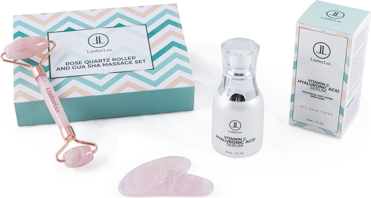 Vitamine C serum met Rose Quartz Jade roller & Gua Sha - inclusief draagzakje - Hyaluronzuur serum met gezichtsroller - gezichtsserum met Aloe Vera