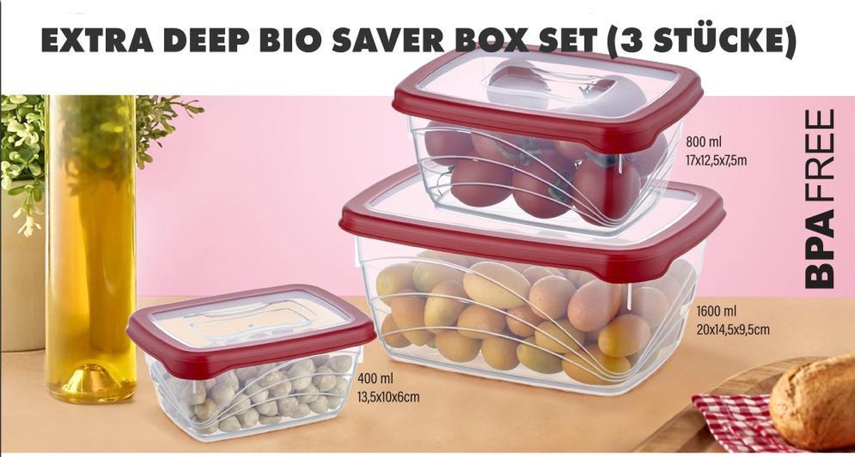 Herzberg 3-Delige Extra Diepe Bio Saver Box Set - Vacuüm doos - Opbergdoos - Rood - HG-L771