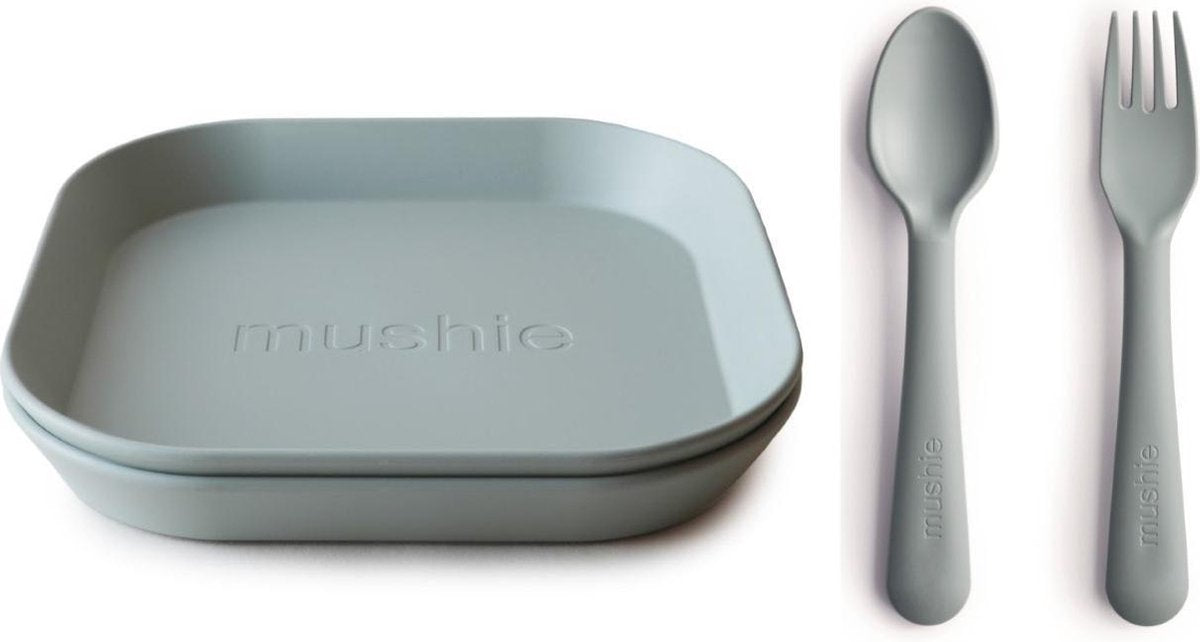 Mushie borden en bestek|Set 2 borden+Vork en Lepel|Sage|Kinderservies|BIBS|Bestek|Bord|