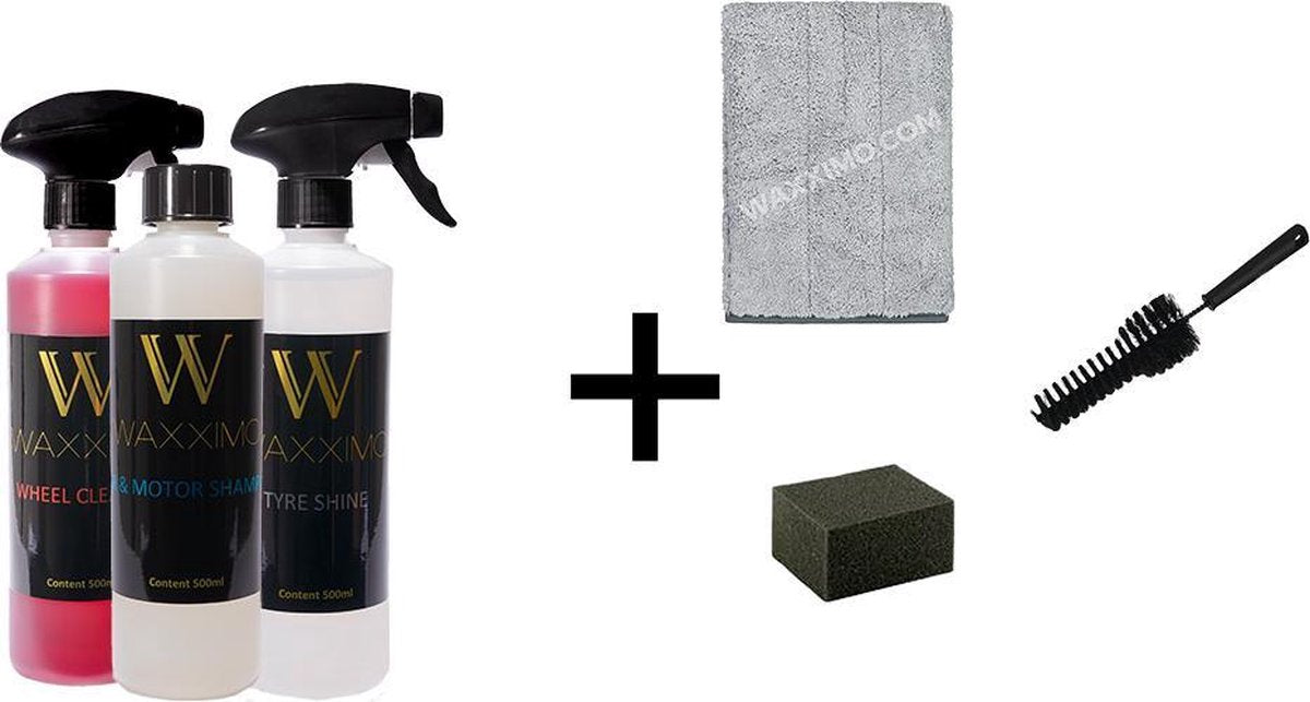 Waxximo COMBIDEAL Exterieur Reiniging set + Wheel Woolies + Washandschoen + Vinly spons - Autoshampoo met Wax bescherming - Bandenglans - Bandenzwart - Velgenreiniger - Auto wassen