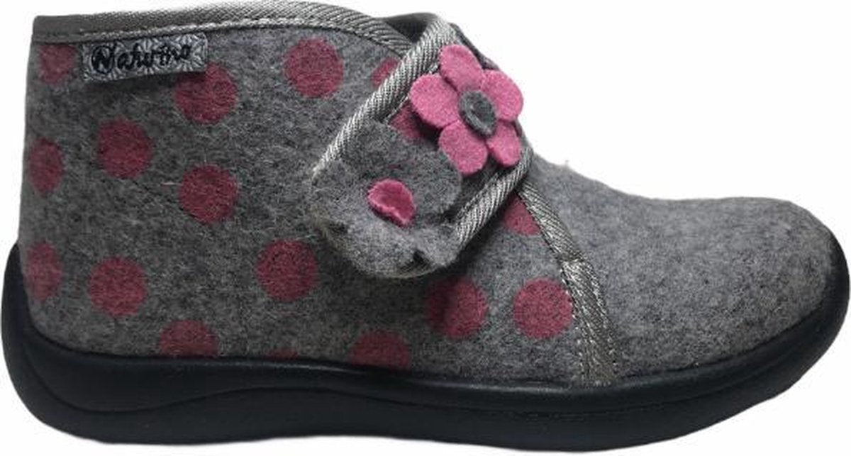 Naturino velcro 3 bloempjes vilten pantoffel 7912 grijs roze mt 26