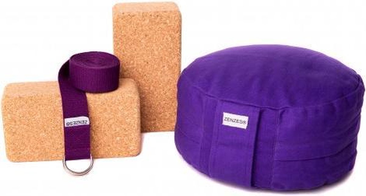 Zenzes PRO meditatiekussen met yogariem en 2 yogablokken - paars