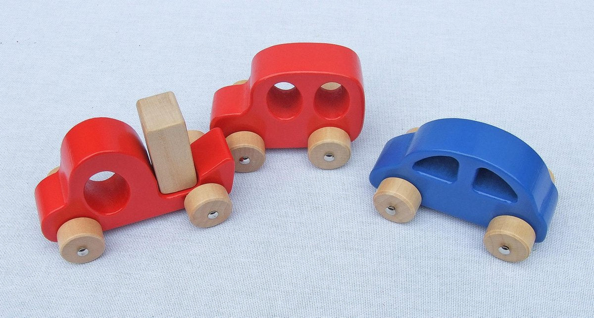 set van 3 houten (grijp)auto's