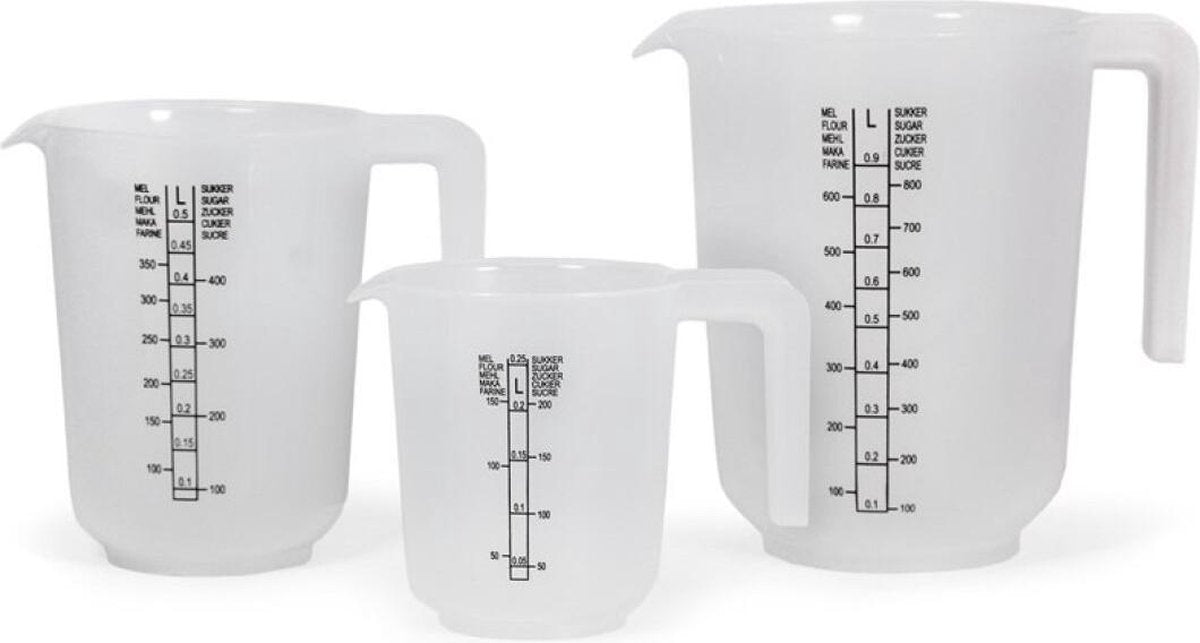 Kunststof maatbekers set transparant 3 stuks 1/0.5/0.25 liter