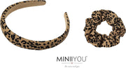 Set Dames Haarband Diadeem luipaard print bruin + bruin wit scrunchy elastiek