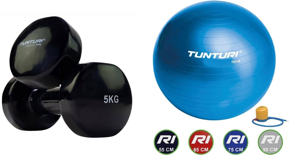 Tunturi - Fitness Set - Vinyl Dumbbell 2 x 5 kg  - Gymball Blauw 75 cm