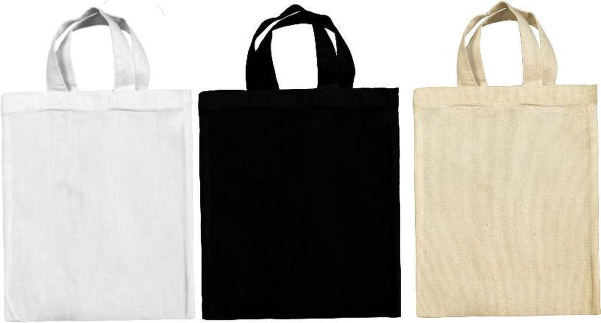 5 Katoenen tasjes 22x26cm korte hengels verschillende kleuren