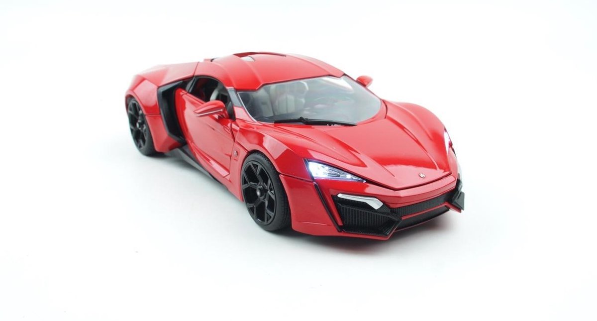 Jada Lykan Hypersport Fast and Furious 7 2014 met verlichting en Dom figuur Rood 1:18