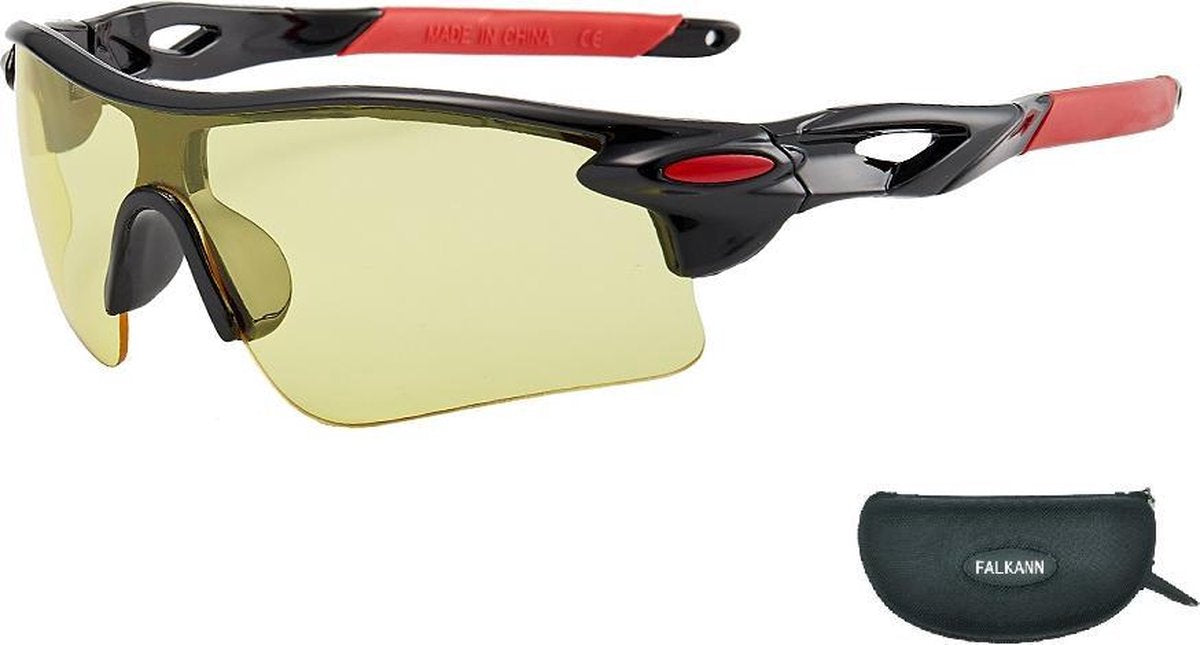 Fietsbril Met Hoes | Sportbril | Racefiets | Mountainbike | MTB | Sport Fiets Bril| Zonnebril | UV Bescherming | Zwart/Rood | Gele Lens