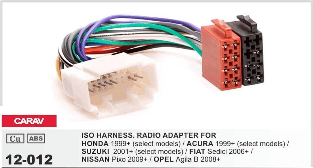 auto radio aansluitkabel / verloopkabel geschikt voor HONDA 1999+ (select models) / ACURA 1999+ (select models) / SUZUKI  2001+ (select models) / FIAT Sedici 2006+ / NISSAN Pixo 2009+ / OPEL Agila B 2008+  Audiovolt 12-012