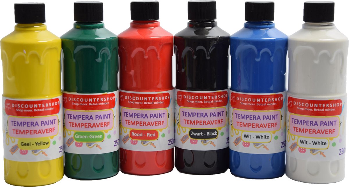 Tempera verf 250 ML - 6 stuks - Blauw - Geel - Groen - Rood - Wit - Zwart -  Set van 6x Acrylverf / temperaverf - 6 kleuren - Fles 250 ml - Tempera / acryl verf - Hobby - knutselmateriaal - Schilderij maken - Verf op waterbasis - Hobby-