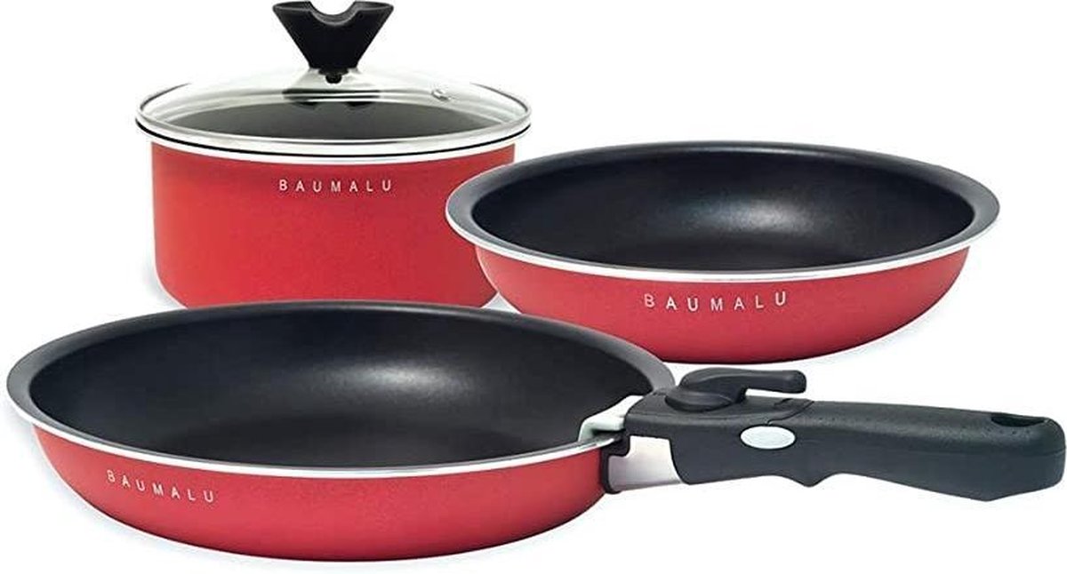 BAUMALU 341978 Ruimtebesparende kookset 5 stuks 2 braadpannen + 1 steelpan + 1 glazen deksel + 1 afneembaar handvat