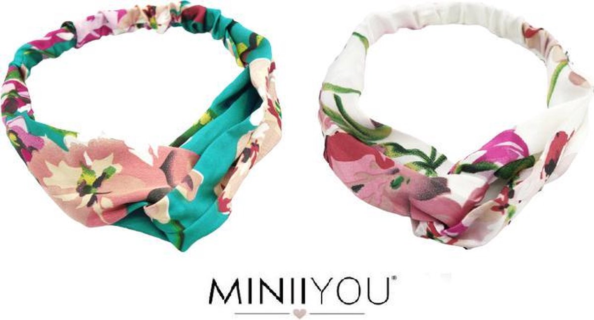 MINIIYOU® Set 2 stuks | Gebloemde dames haarbanden bandana oriental groen -wit | volwassenen - vrouwen - tieners - meisjes haarbanden