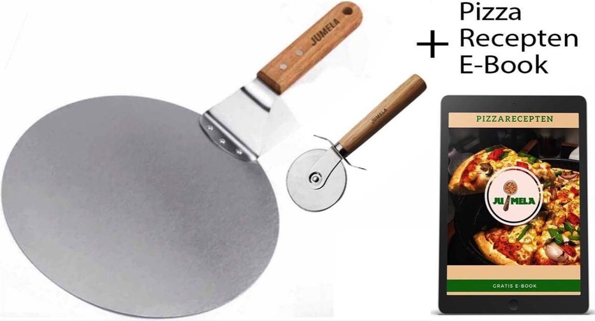 Pizzaschep plus Pizzasnijder Pizzaspatel Gratis E-Book/QR-code RVS en Houten Handvat - 25