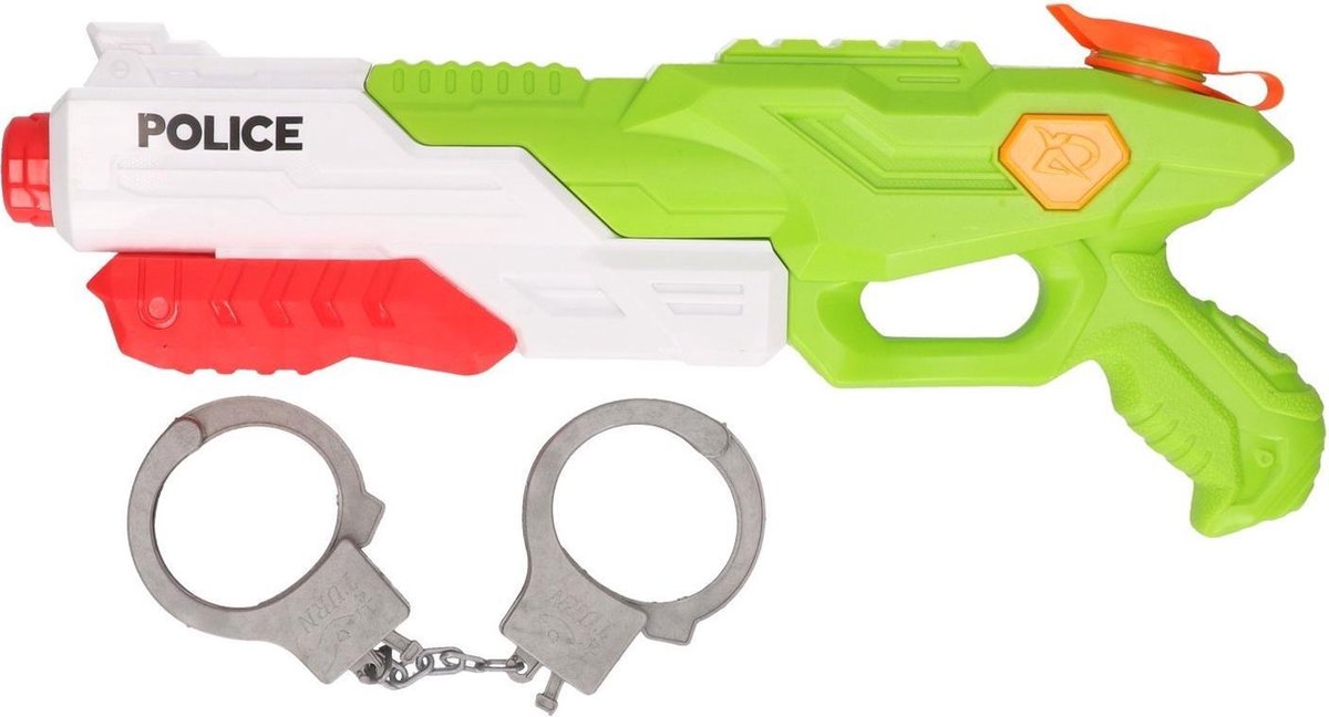 1x Waterpistolen/waterpistool politie groen van 40 cm inclusief handboeien kinderspeelgoed - waterspeelgoed van kunststof