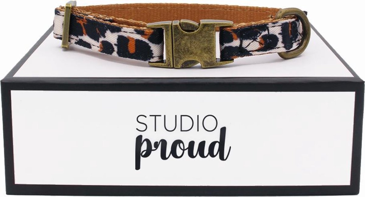 Studio Proud - Halsband - tijgerprint  - bronskleurige accenten - maat S - te combineren met bijpassende riem
