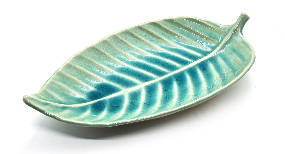Presenteerschaal - Serveerschaal - Presenteerblad - Handgemaakt en geschilderd - Bladvormige schaal Turquoise 31 cm (2 stuks)
