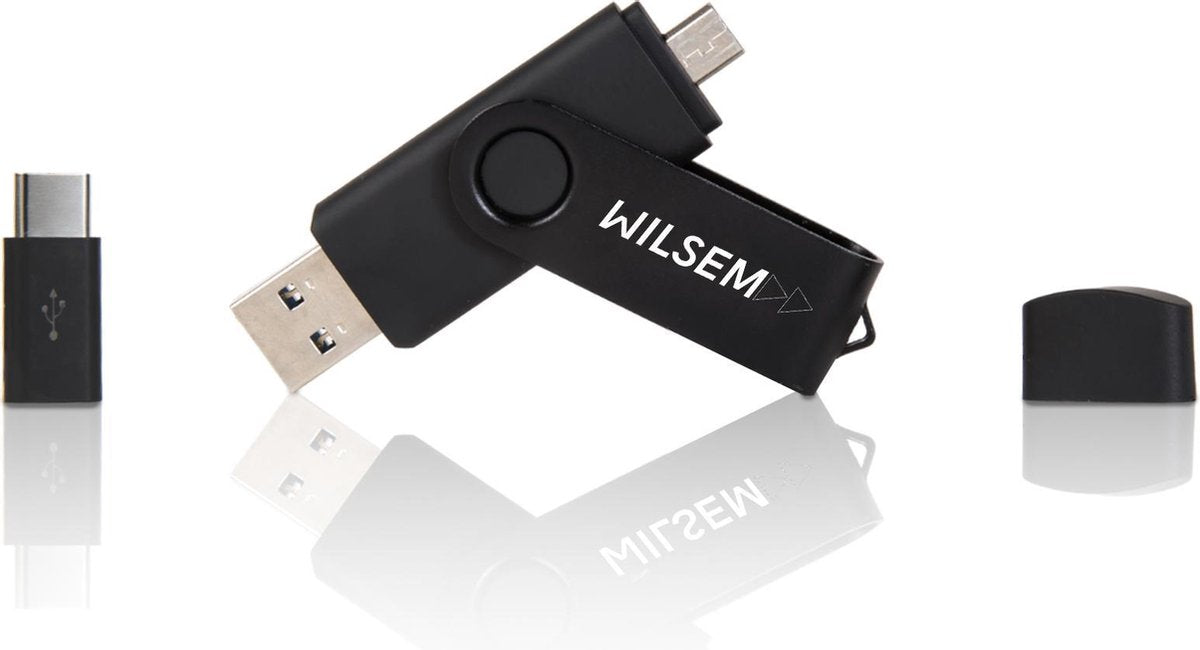 Wilsem USB Stick 3.0 32 GB voor Laptop en Android Telefoons/Tablets met Geschenkdoos – Smartphone – Micro USB – USB-C – Geheugenstick – Flashdrive – Memorystick – Data Opslag – Insteekgeheugen -  Dual Stick – Dubbele USB Stick - Zwart