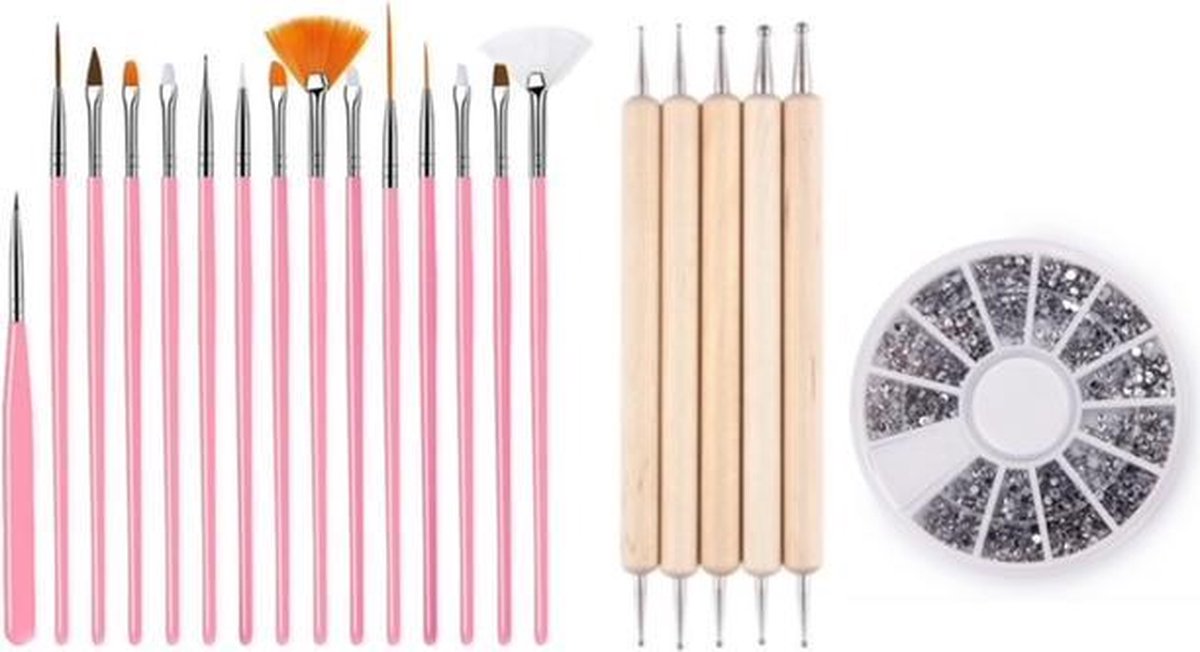 GUAPÀ - Nagel Penselen Set Roze + Rhinestones Zilver + Druppel & Dotting Pennen - Nail Art