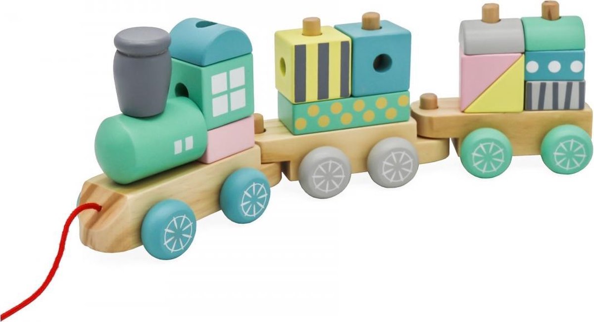 Mamabrum Houten Trein Pastel - Trein speelgoed - 2 Wagonnetjes - Met Blokken