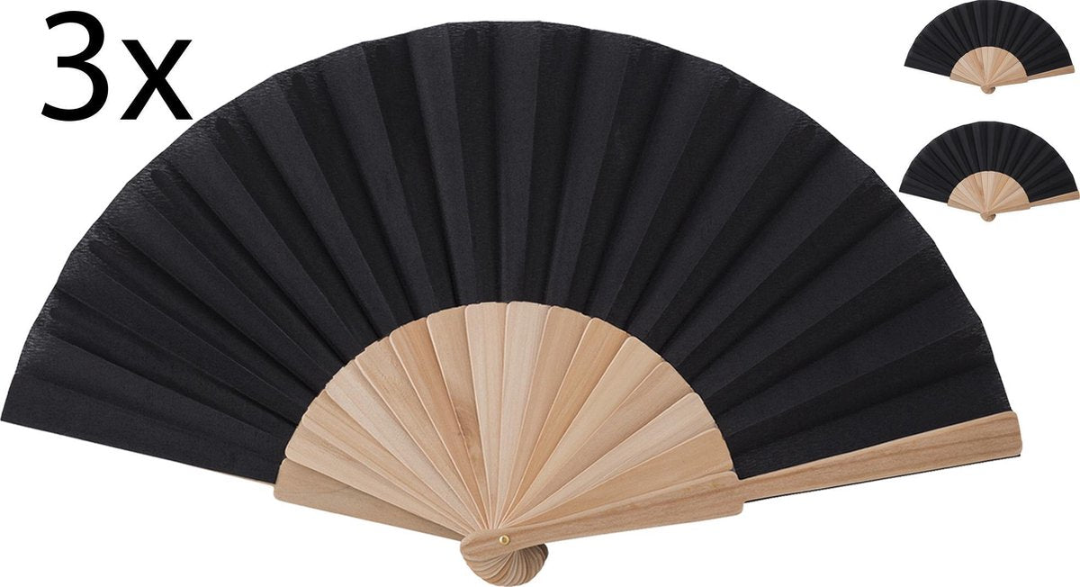 Waaier -Spaanse handwaaier - Chinese handwaaier -waaier Hout - set van 3 stuks -hout zwart 41 x 23 cm