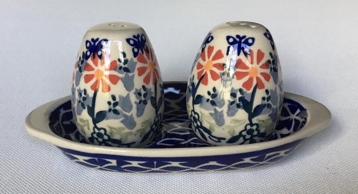 Bunzlau keramiek peper en zout stel 3-delig blauw met rode bloem
