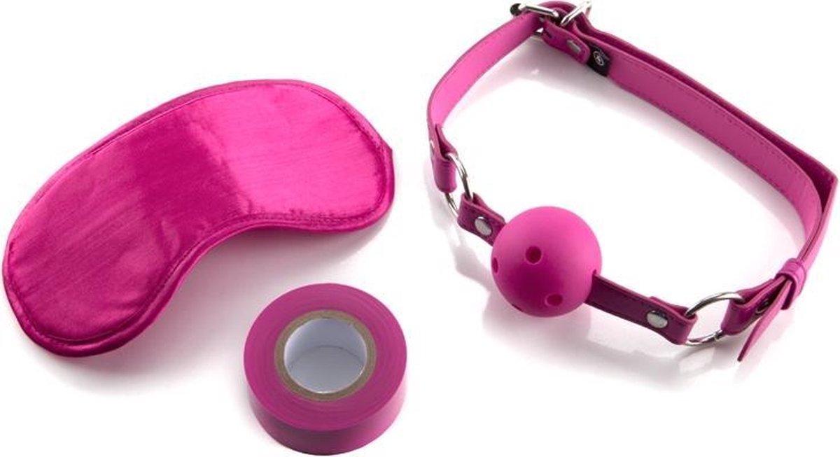 Ouch! – Bondage Set 3 Delig met Tape/Ball Gag/ Oog Masker voor Intensieve Kennismaking – Roze