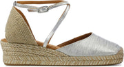 Unisa Vrouwen Textiel Espadrilles / Damesschoenen Plateauzool Hoogte 2.5 - 4.5 cm Gesp sluiting -  Caude glitter - Zilver - maat 40
