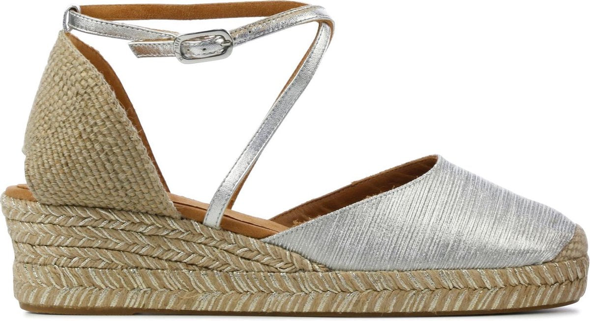 Unisa Vrouwen Textiel Espadrilles / Damesschoenen Plateauzool Hoogte 2.5 - 4.5 cm Gesp sluiting -  Caude glitter - Zilver - maat 40