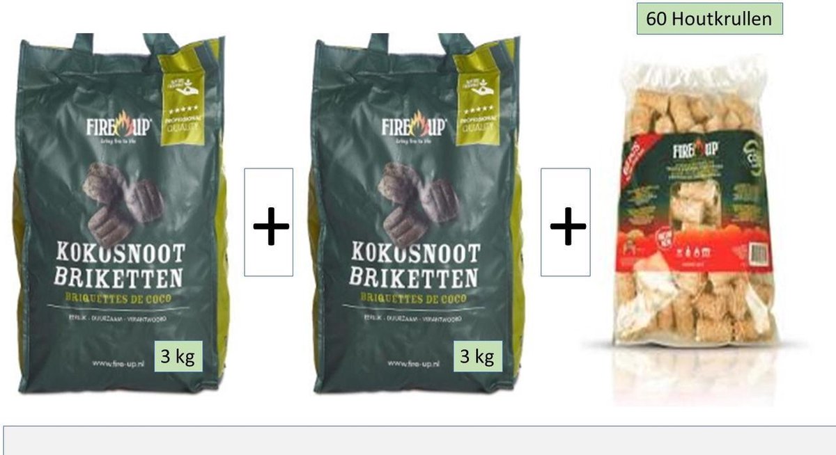 2 Zakken Professionele Cocos Briketten (2 x 3 kg) & 1 zak Eco Houtkrullen van 60 stuks