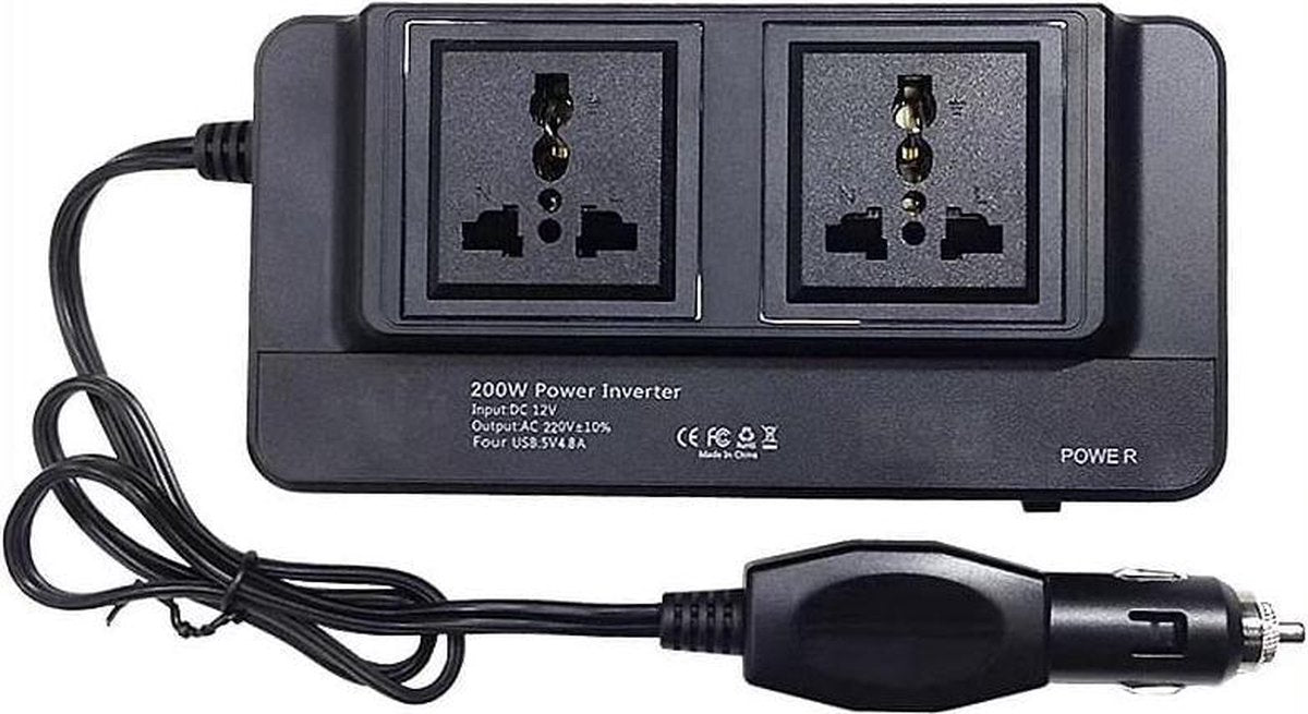 200W auto-omvormer DC 12V naar AC 220V met 4 USB-uitgangen 2 Europese / universele stopcontacten in de auto