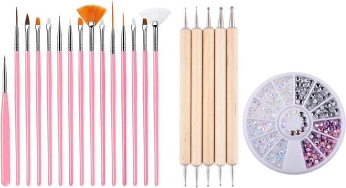 GUAPÀ - Nagel Penselen Set Roze + Rhinestones Parelmoer + Druppel & Dotting Pennen - Nail Art