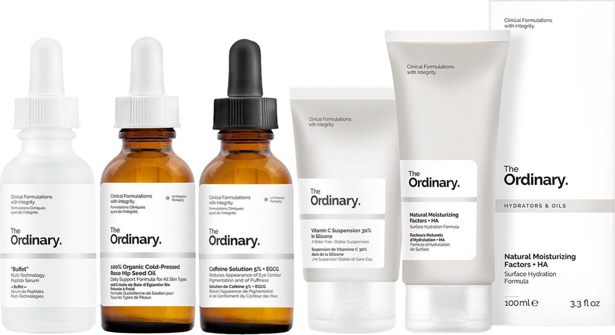 Everyday Bundle The Ordinary | Buffet serum | 100% Organic Cold-Pressed Rose | Caffeine Solution 5% + EGCG | Vitamin C Suspension 30% in Silicone | Natural Moisturising Factors + HA | Egale teint | glanzende huid | Anti-aging | Tegen pigmentvlekken