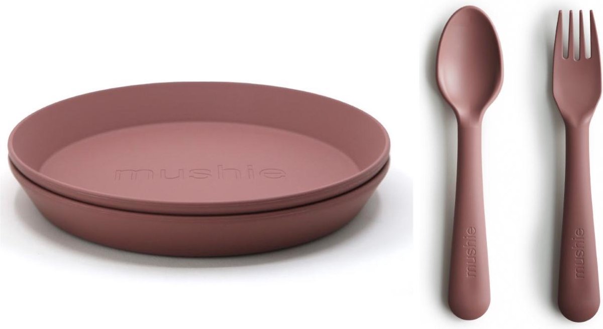 Mushie borden en bestek|Set 2 borden+Vork en Lepel|Woodchuck|Kinderservies|BIBS|Bestek|Bord|