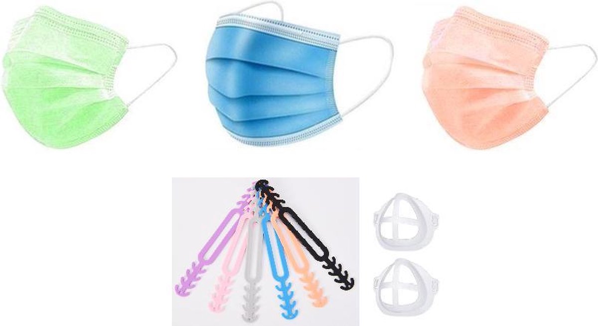 50 Groen + 50 Blauw + 50 Oranje Wegwerp Mondkapjes | Met gratis 5 Earsavers en 2 Beugels
