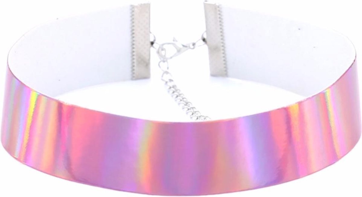 KIMU iridescent choker roze - holografische ketting halsband collar