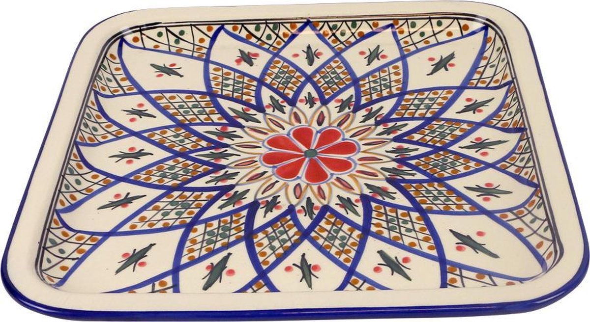 Bord - Vierkant - Blauw met print - 28x28x3 cm - Sarana - Fairtrade Tunesie - Fairtrade