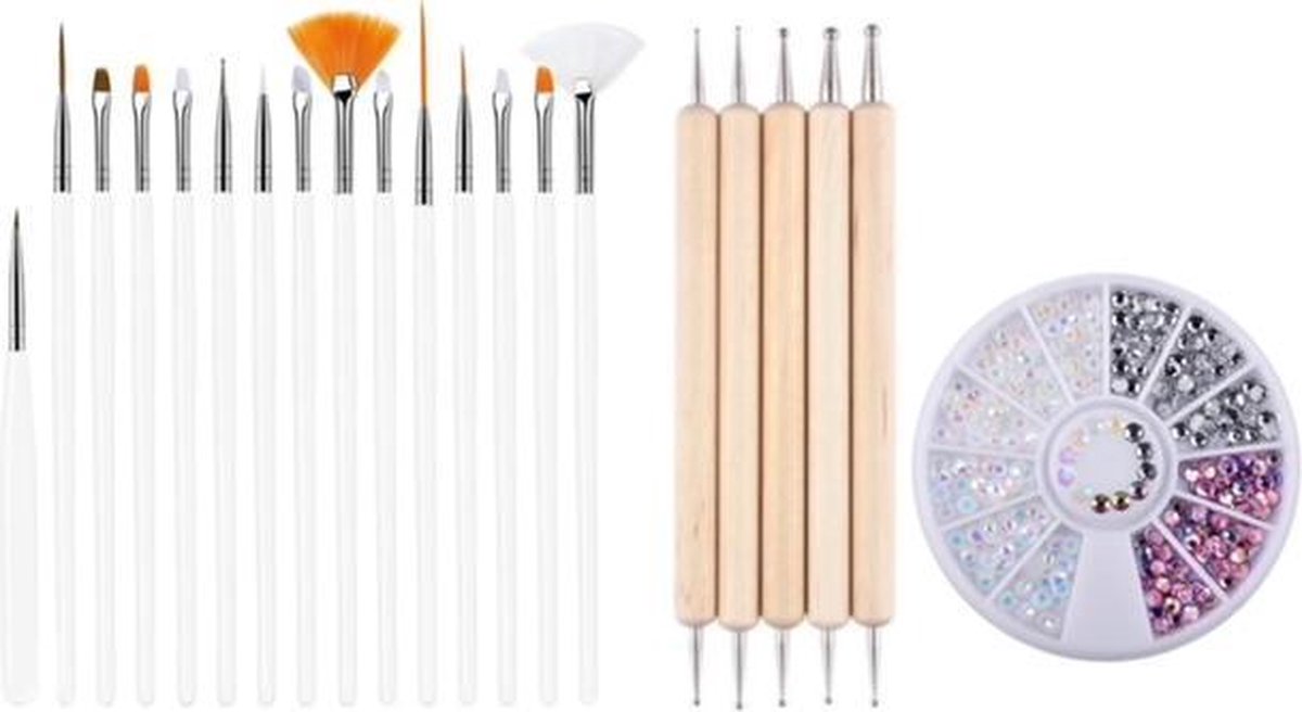 GUAPÀ - Nagel Penselen Set Wit + Rhinestones Parelmoer + Druppel & Dotting Pennen - Nail Art
