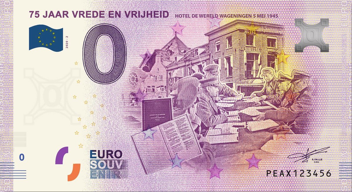0 Euro Biljet 2020 - 75 jaar Vrede en Vrijheid Hotel de Wereld Wageningen