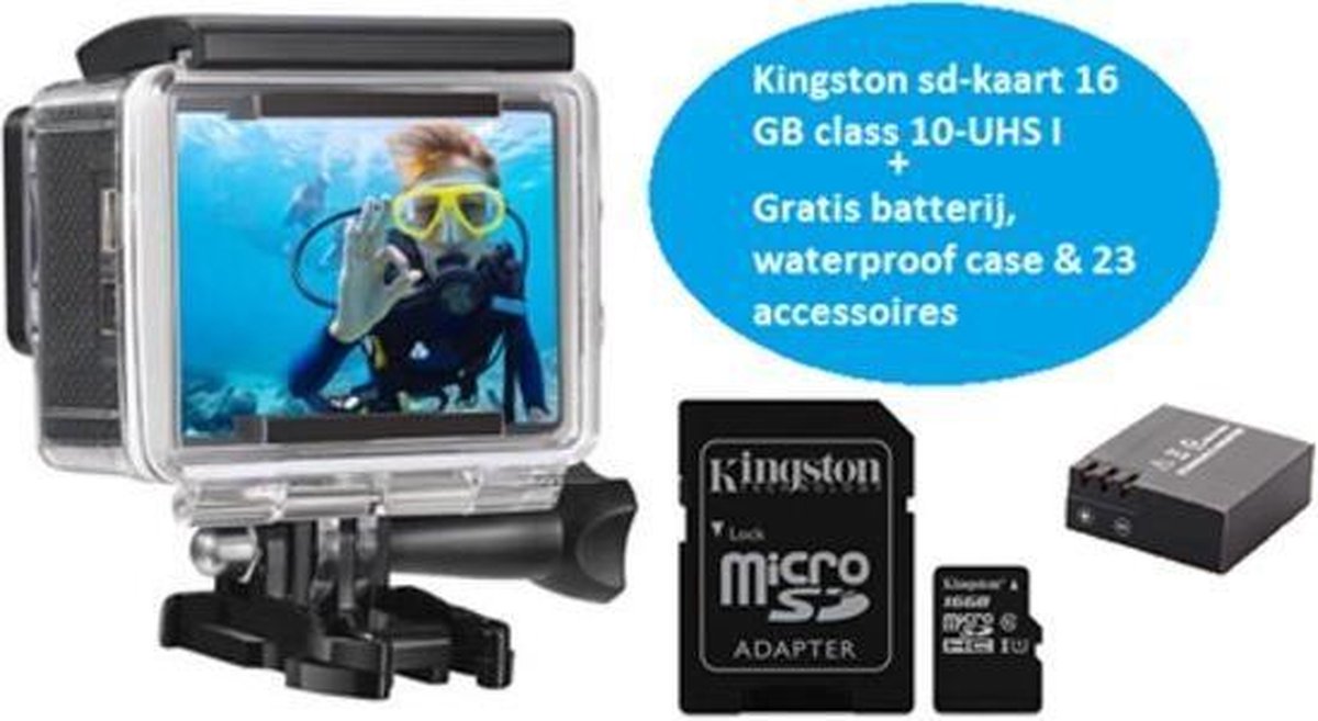 Lipa AT-30 action camera 4K en 16 MP - Wifi phone remote - Met 32 accessoires- Met waterproof case- Met beeldstabilisatie- Met SD 16 GB