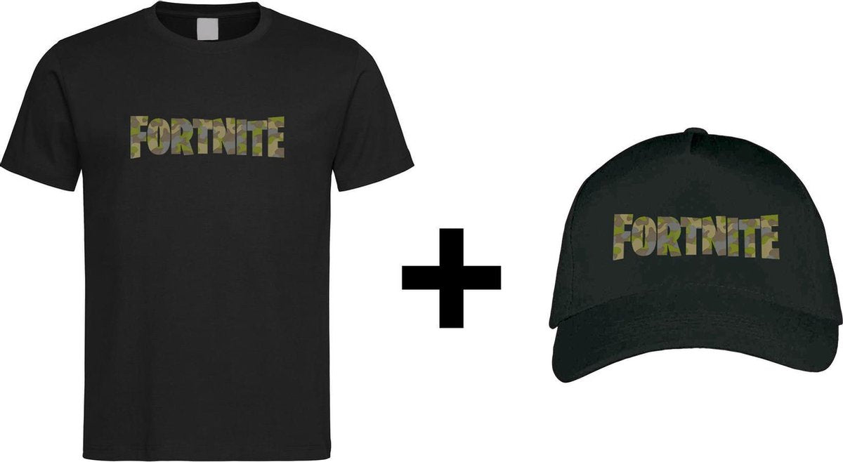 Zwart T shirt met Stoer Camo "Fortnite" print size XL + Snapback