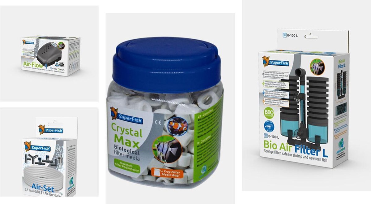Superfish Bio Air Filter L + Crystal Max Media 500ml + Luchtslang Air-Set + Airflow 1 Way