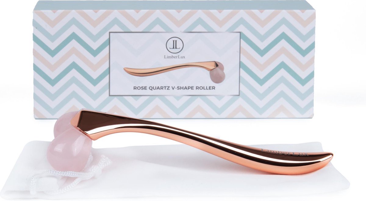 LimberLux V-Shape Rose Quartz Roller - inclusief draagzakje en skincare samples - Gezichtsroller - Gezichtsmassage Face Roller - Jade Roller