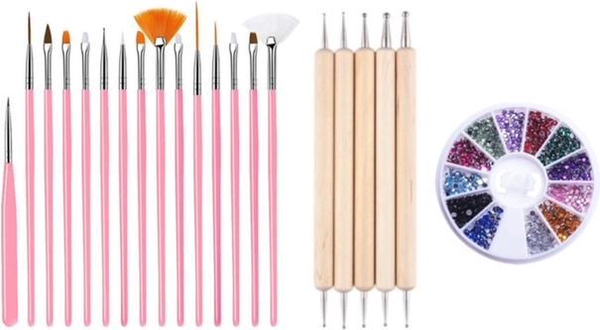 GUAPÀ - Nagel Penselen Set Roze + Rhinestones Diverse Kleuren + Druppel & Dotting Pennen - Nail Art