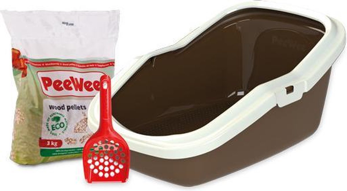 Peewee - Kattenbak EcoMinor bruin / ivoor Startpakket – 56 x 39 x 27.5cm