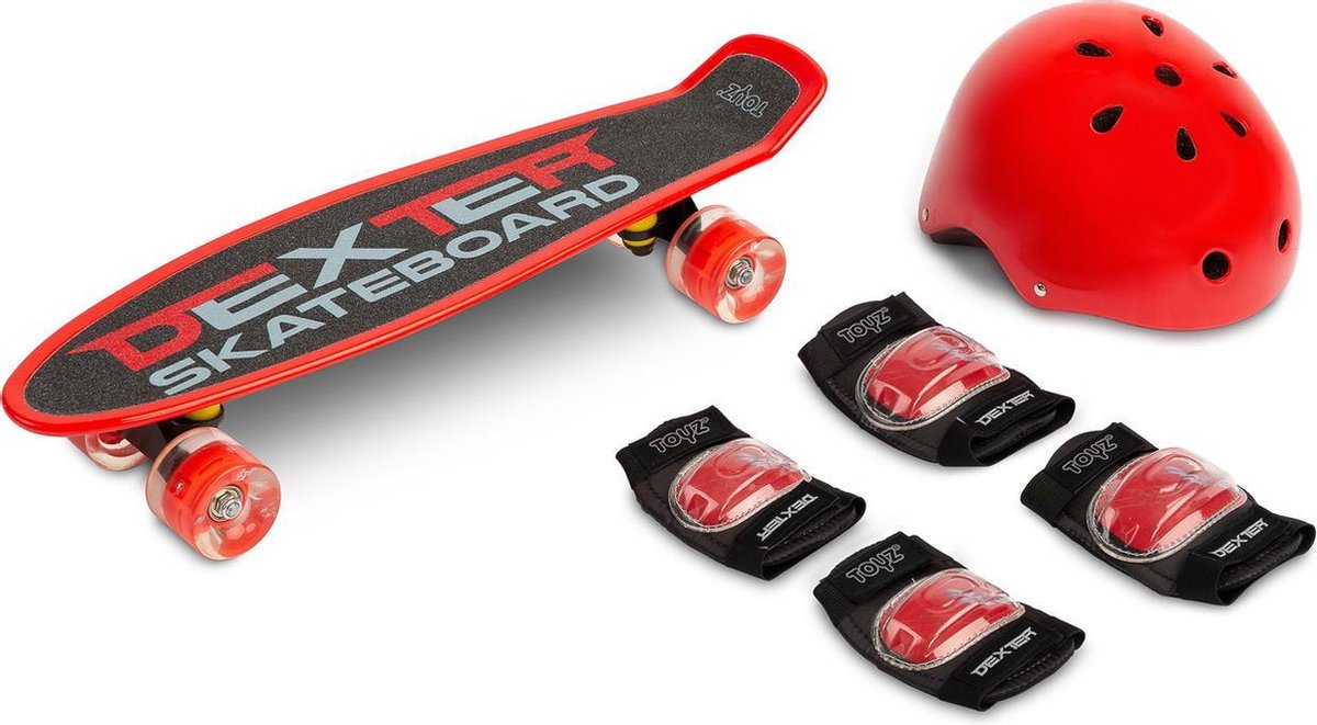 Toyz Dexter kinderen skateboard met helm en  elleboog- en kniebeschermers - met led verlichting Rood